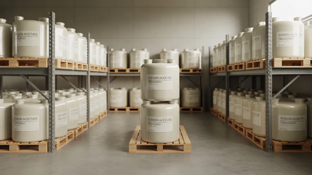 Unbranded sealed chemical containers stored in a clean, dry warehouse area