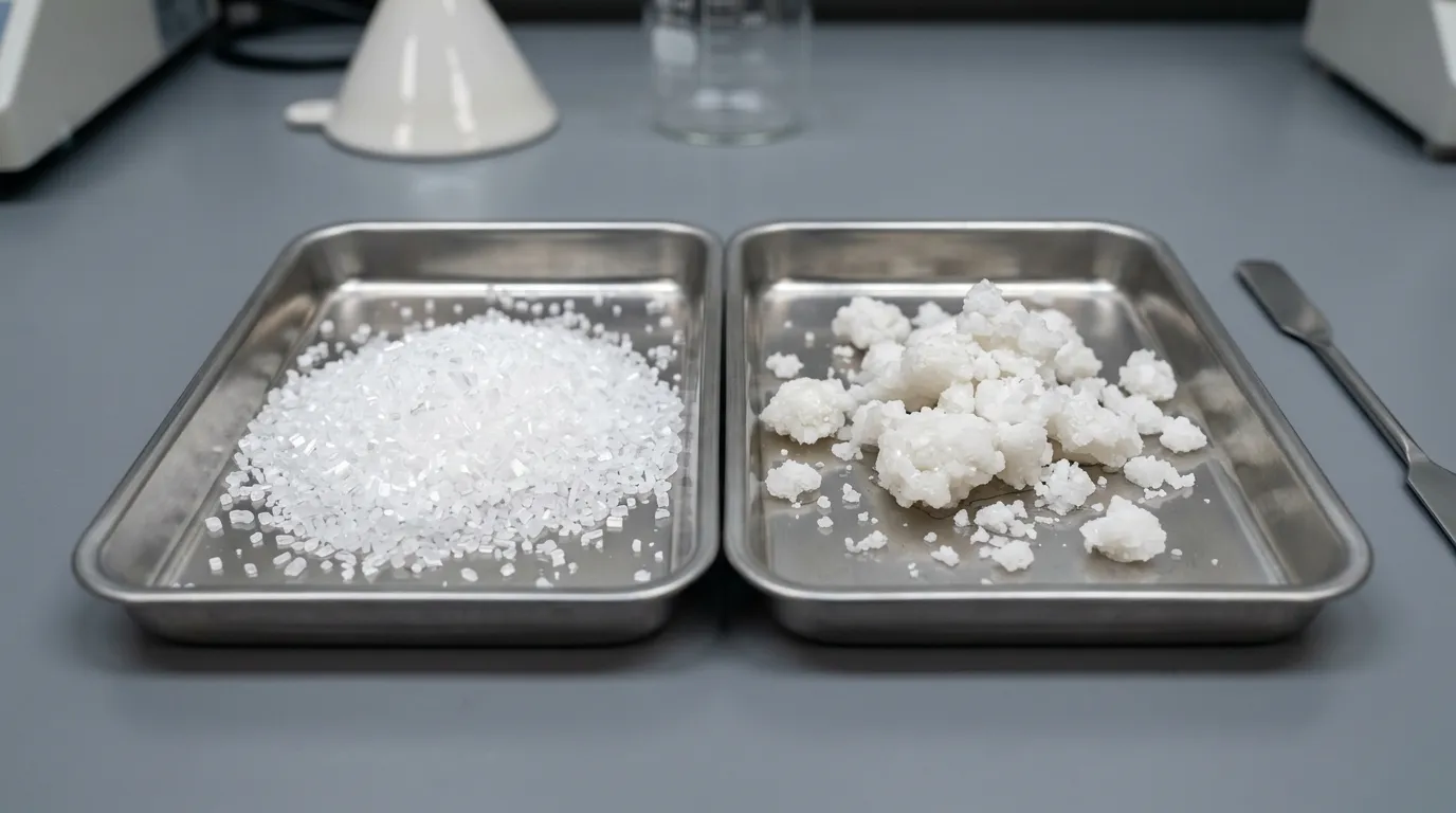 Loose crystalline solid beside visibly agglomerated solid in inspection trays