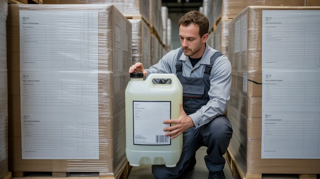 Worker inspecting an unbranded chemical container and generic documents during receiving