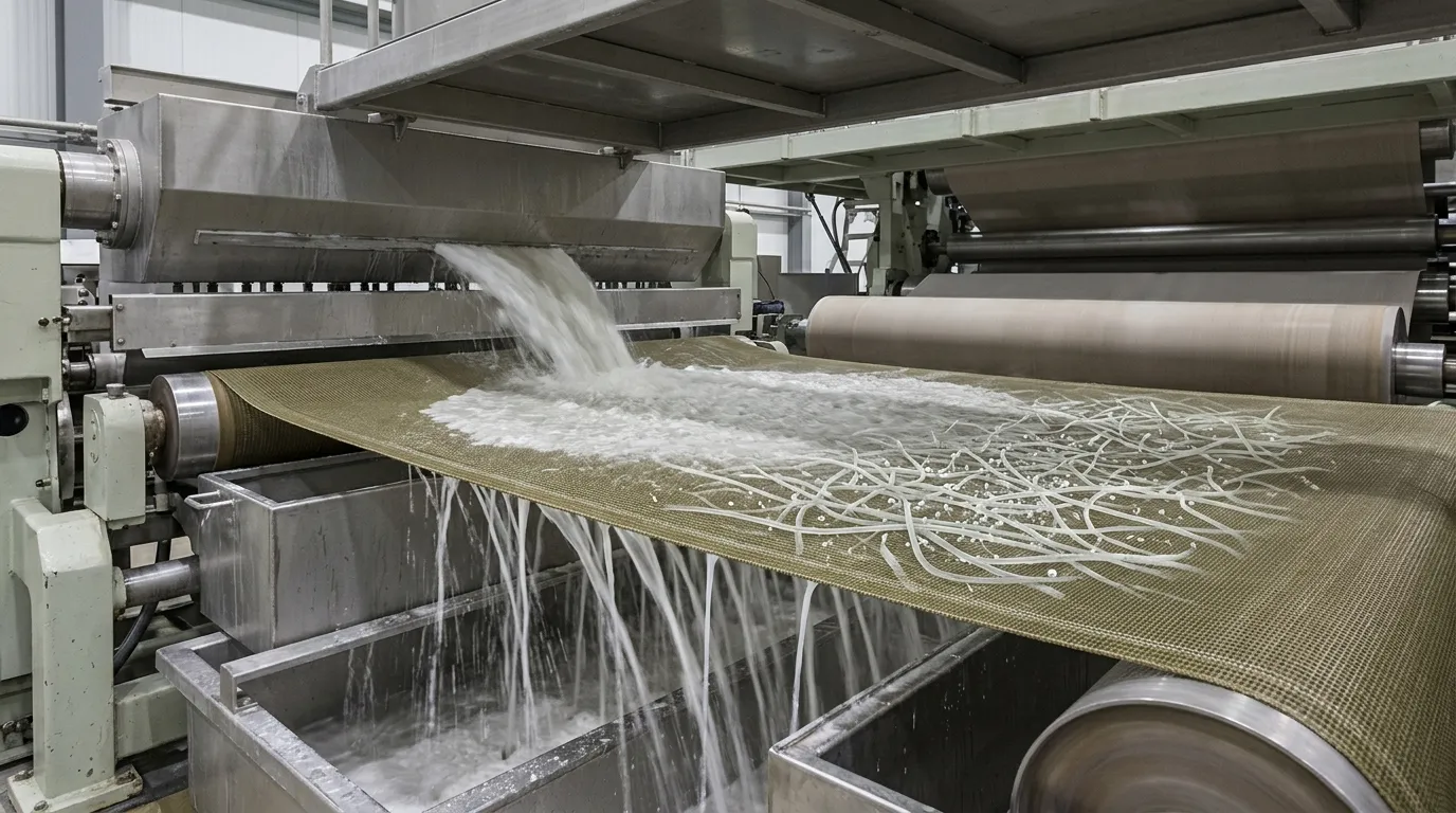 Paper furnish moving across a forming section as water drains and fine solids remain with the forming sheet