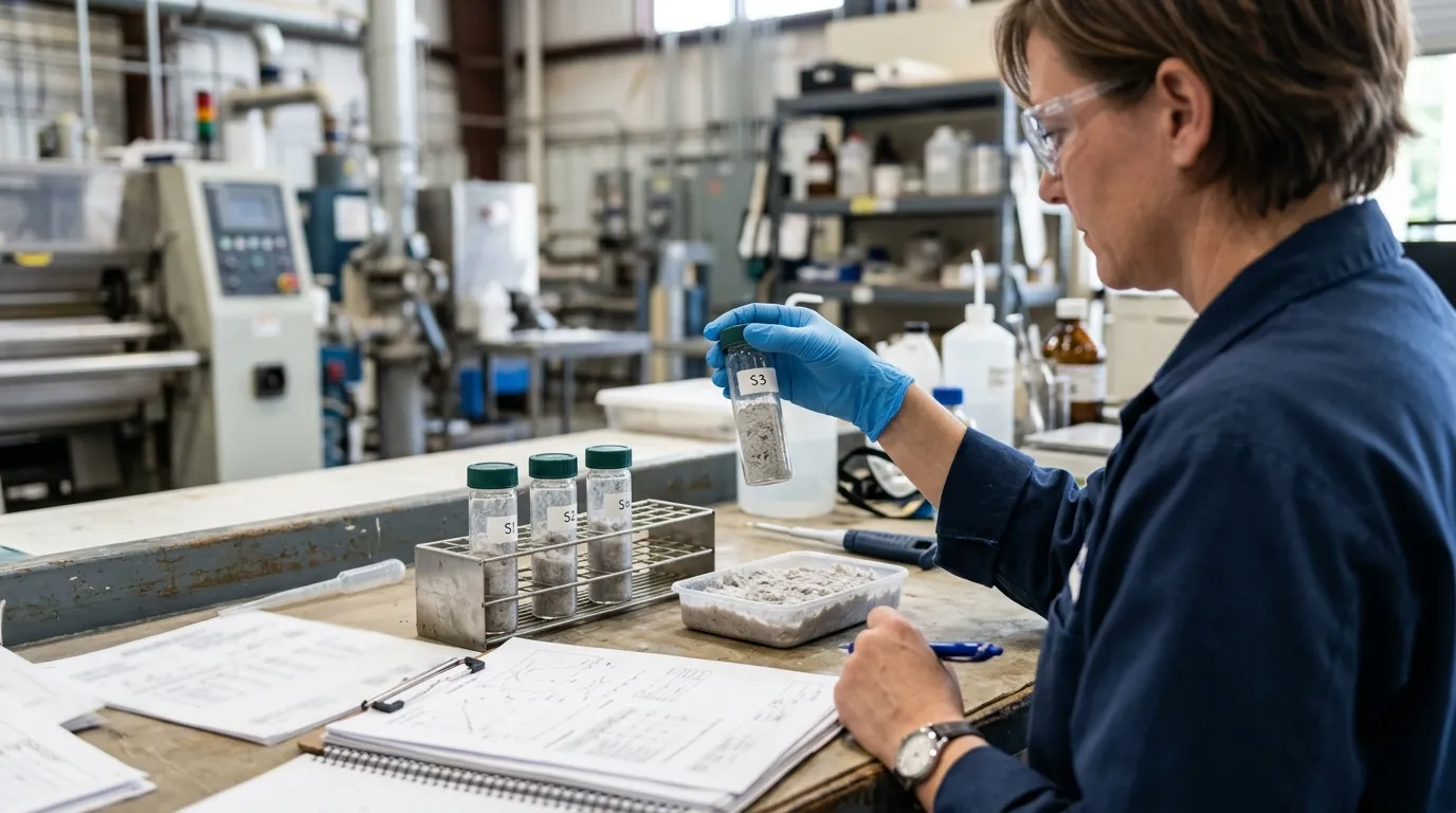 Technician reviewing generic samples and unreadable technical documents during a chemical qualification check