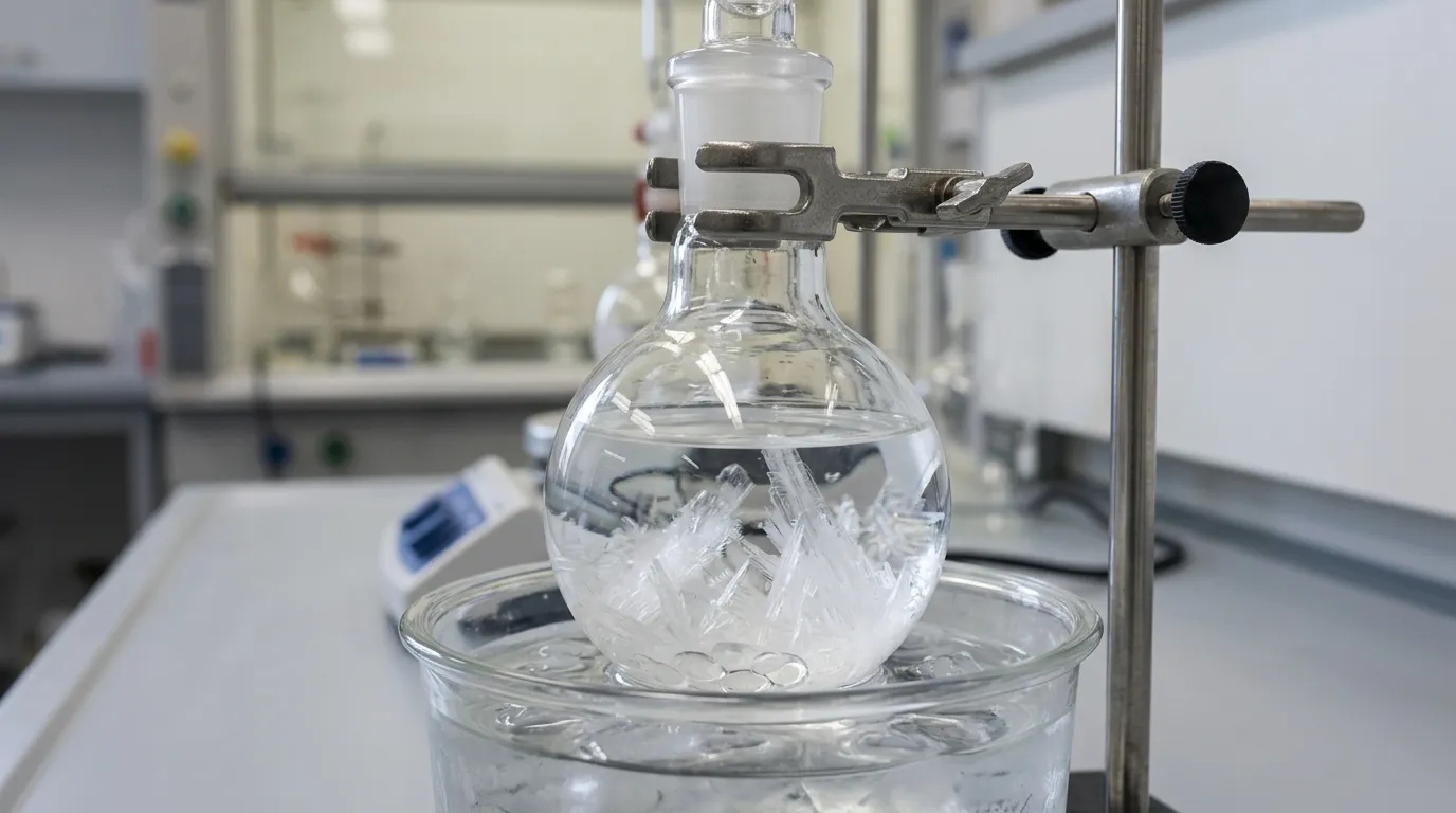 Clear glacial acetic acid with visible solid crystals in a transparent vessel