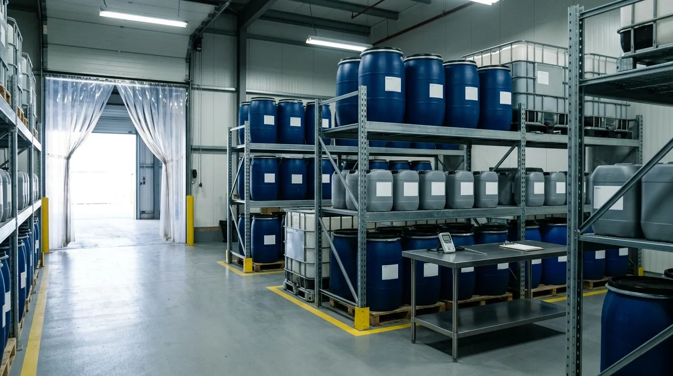 Sealed unbranded chemical containers in a controlled storage area near a loading doorway