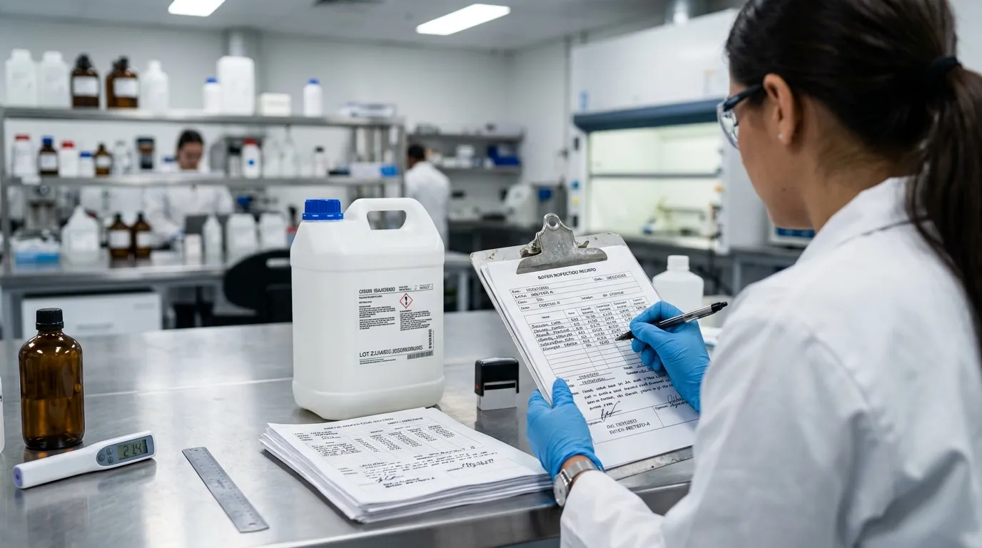 Technician reviewing unreadable quality documents beside a sealed chemical container