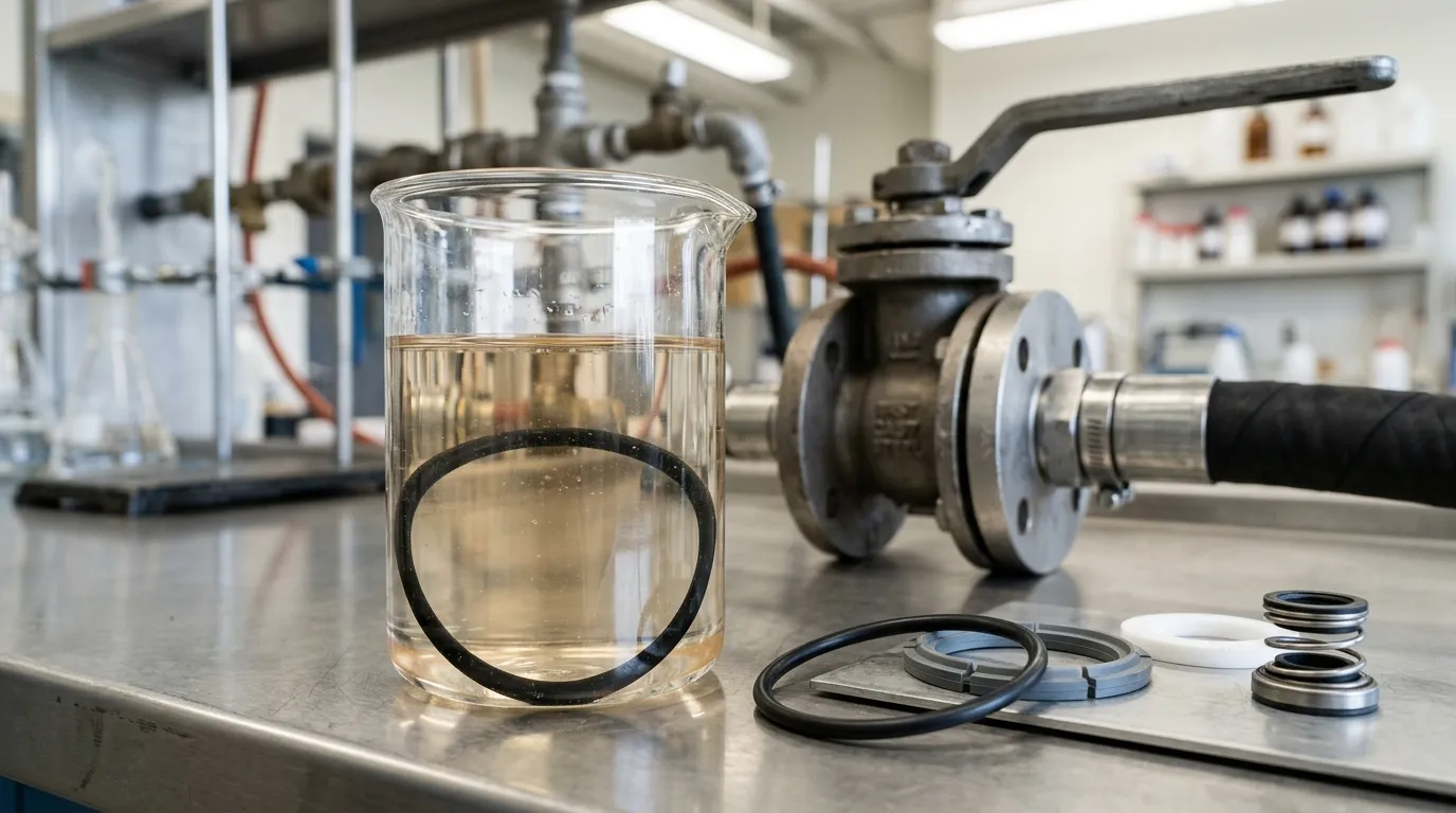 Aqueous potassium-formate brine beside industrial seal samples and oilfield equipment components