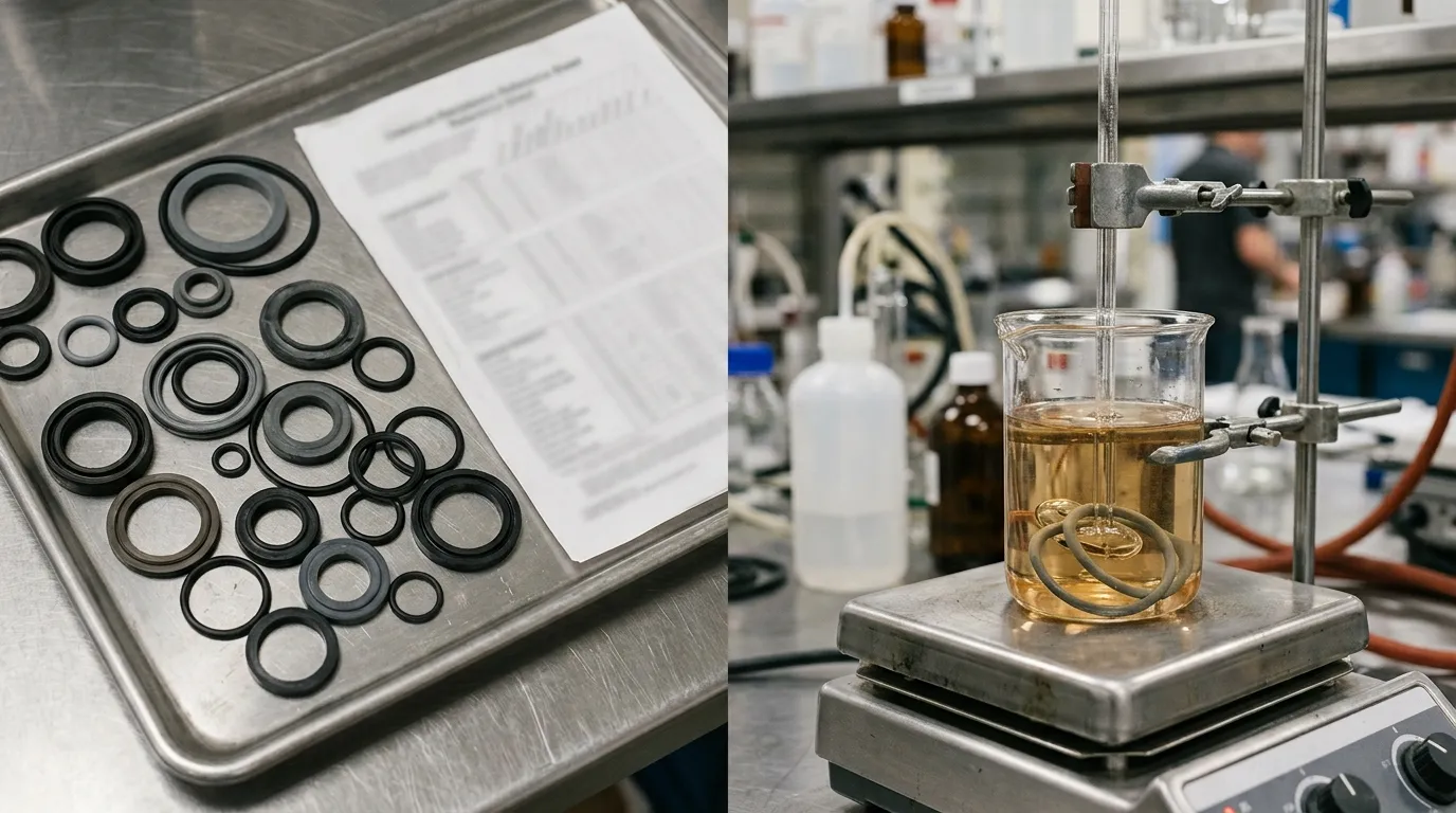 Unbranded elastomer samples beside an unreadable compatibility reference sheet and test vessel