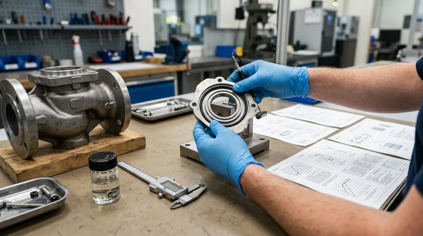 Technician inspecting an unbranded O-ring and valve seal beside generic documents and tools