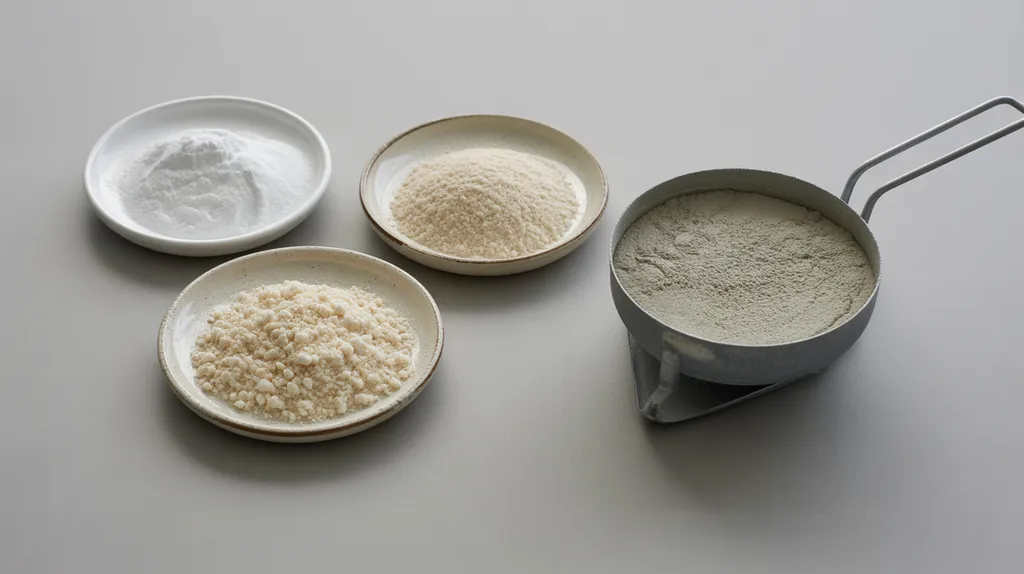 Three unbranded additive samples arranged beside a pan of cement-based dry-mix mortar