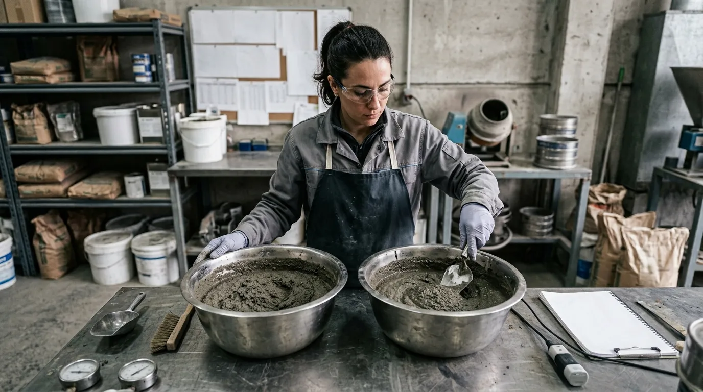 Two unbranded mortar batches being compared during a controlled formulation check