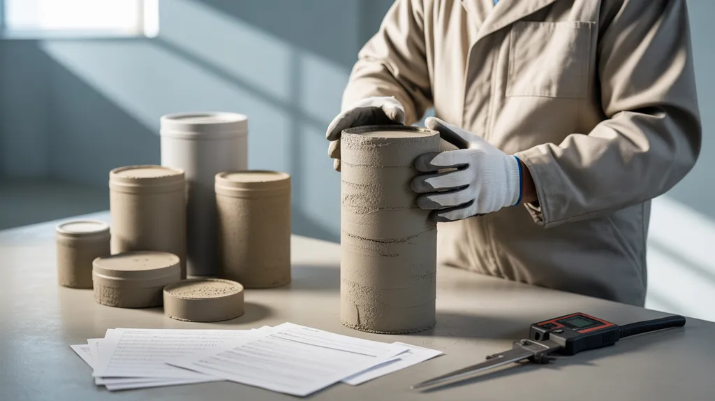 Unbranded material samples and unreadable technical documents arranged for a mortar quality check