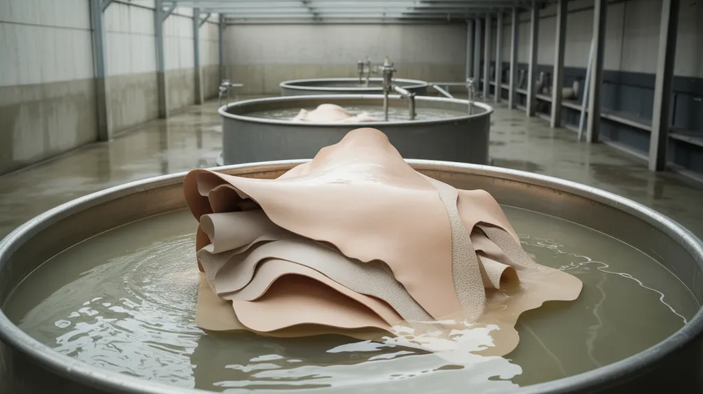 Leather hides or skins being processed in a non-branded industrial pickle vessel