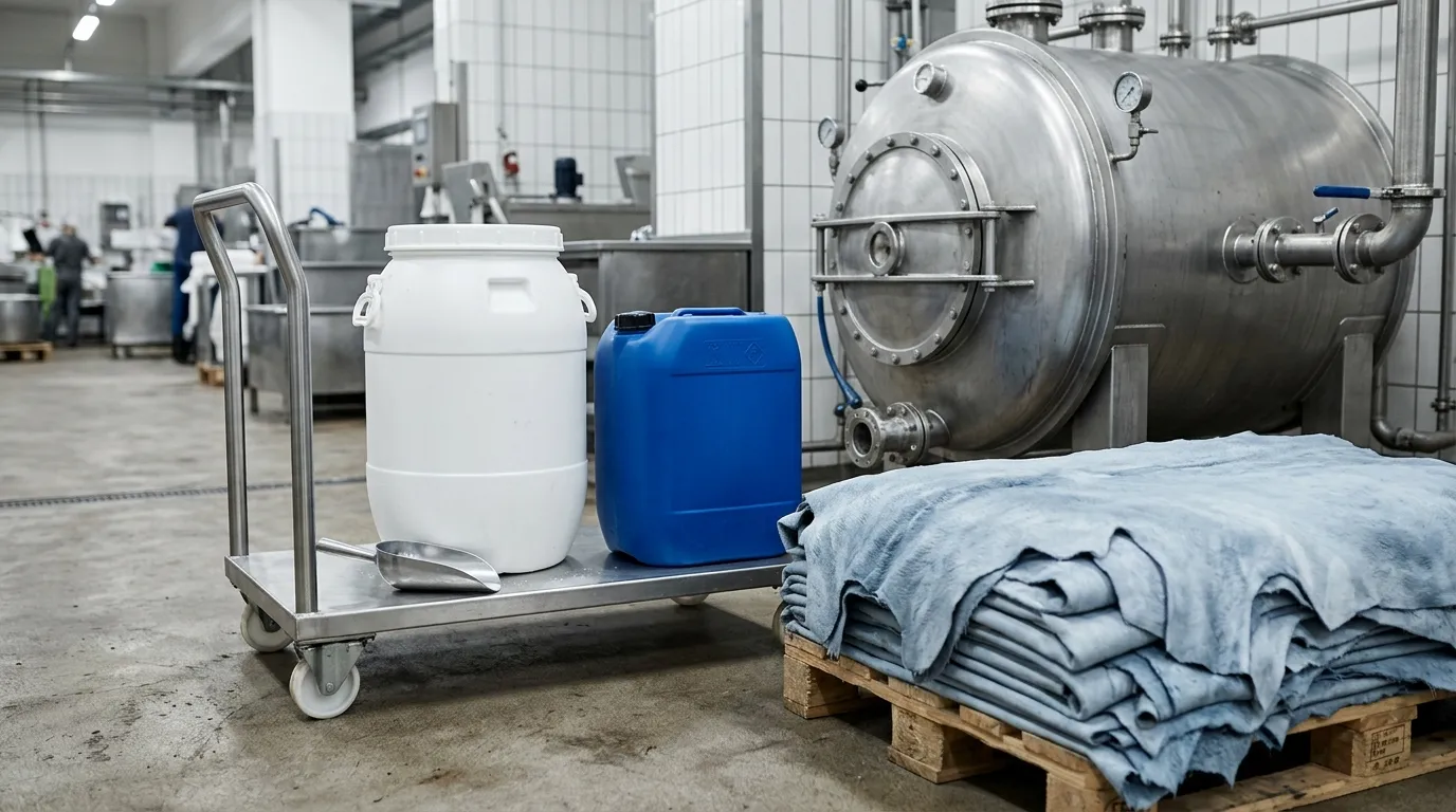Leather hides, salt, and a formic acid solution arranged beside a process vessel