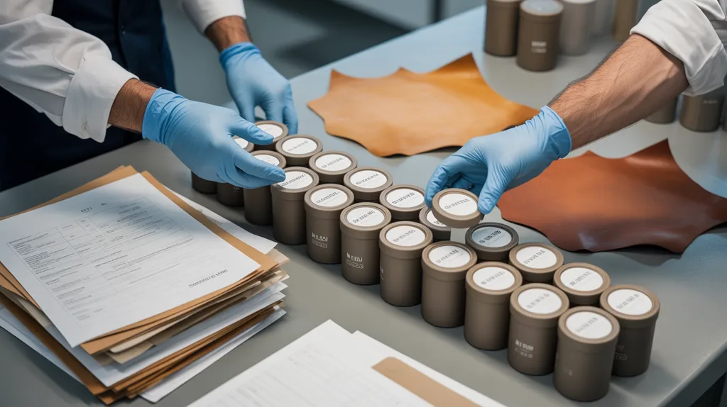 QA review of sealed chemical samples and unreadable technical documents beside leather samples