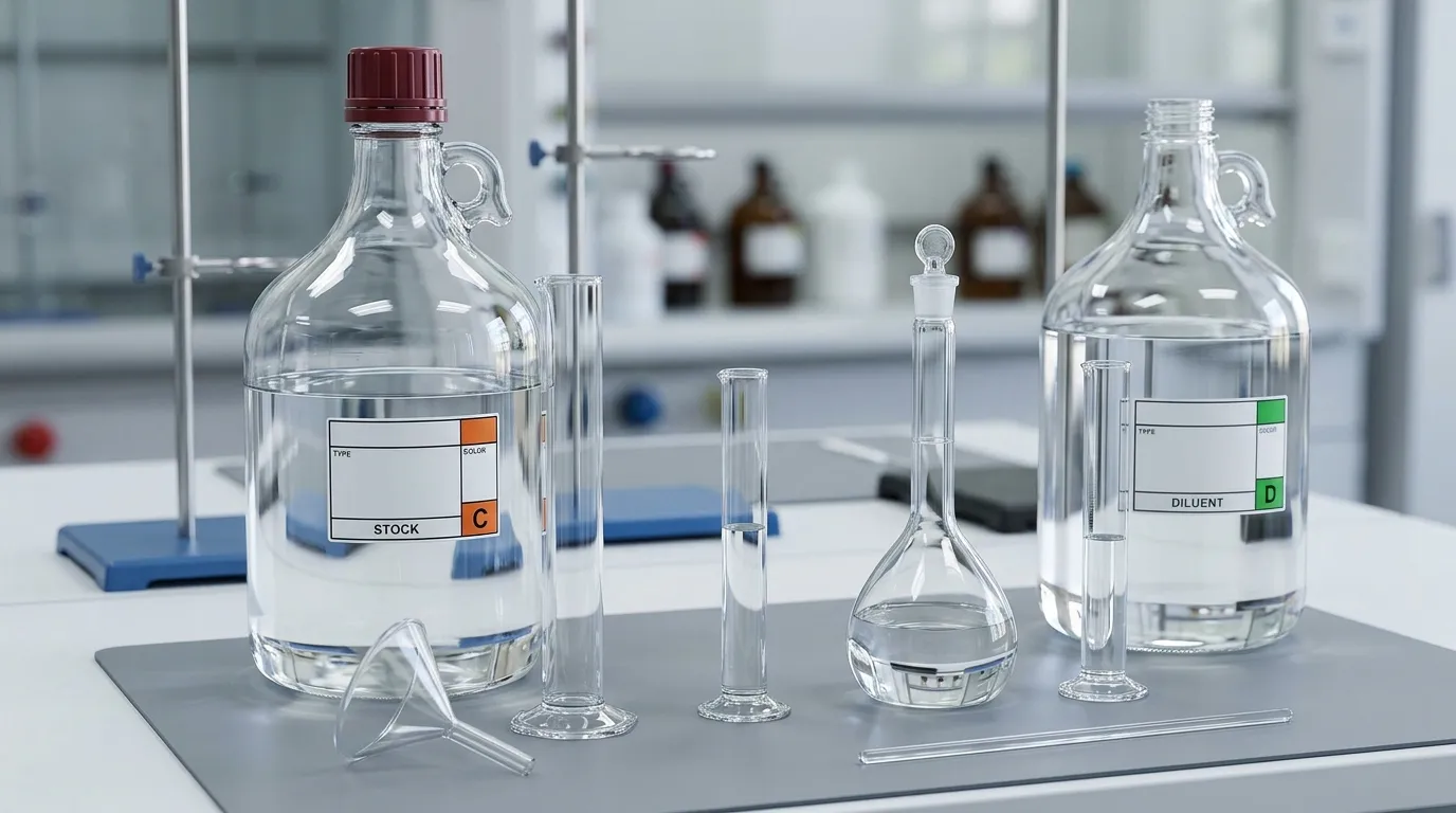 Unlabeled vessels and measuring equipment arranged to illustrate liquid dilution quantities