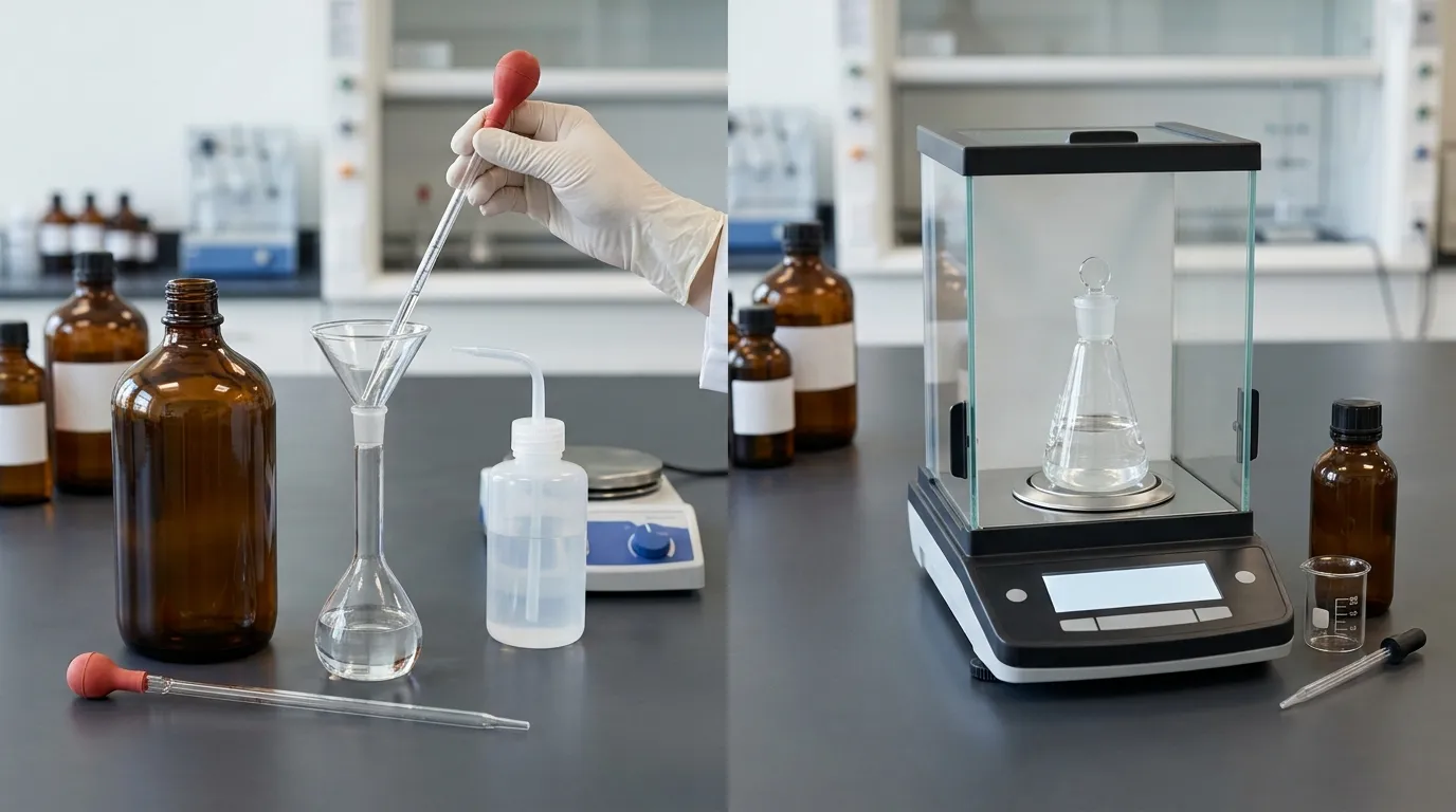 Side-by-side volumetric and mass-based measurement equipment for liquid concentration calculations