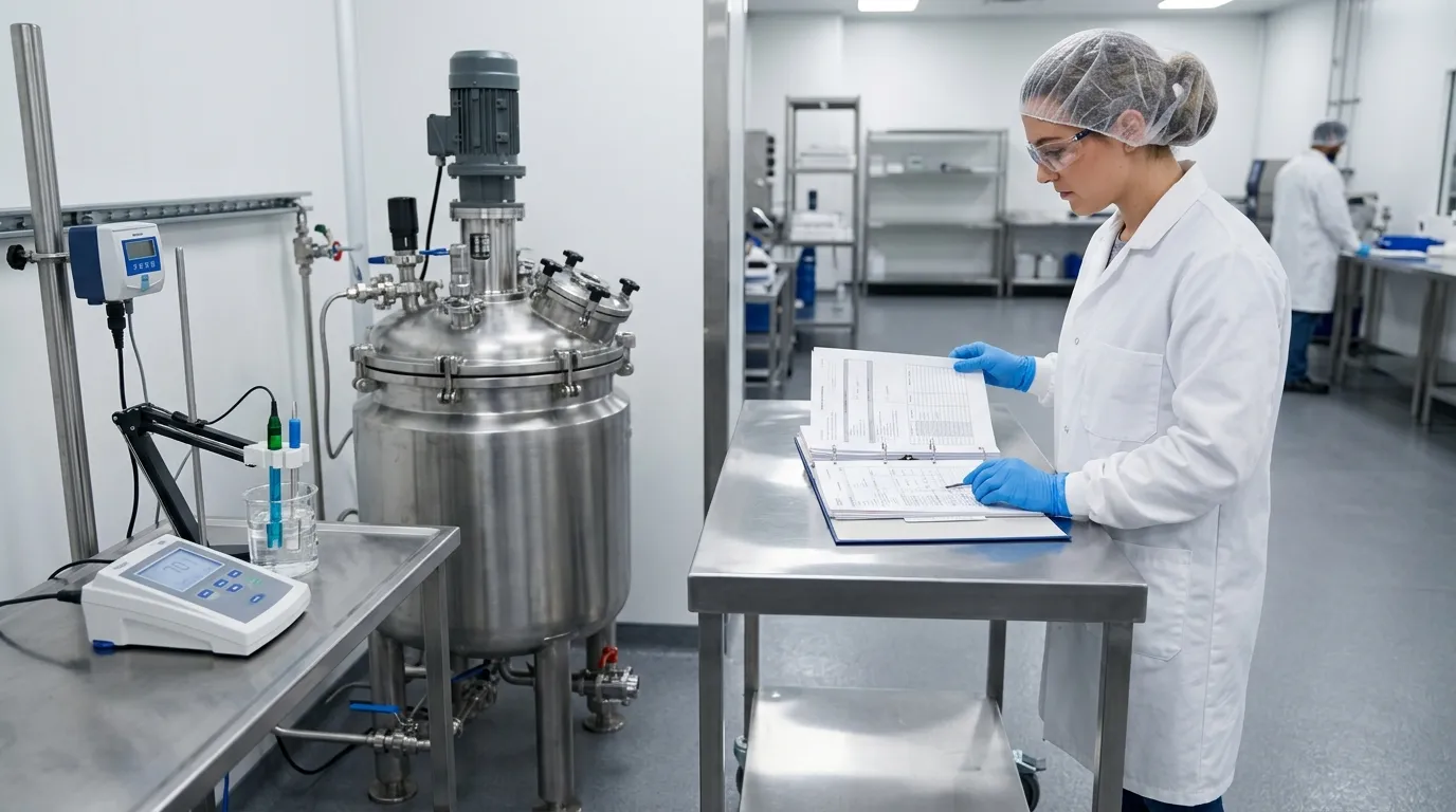 QA technician reviewing generic documents beside a closed process vessel and measurement equipment