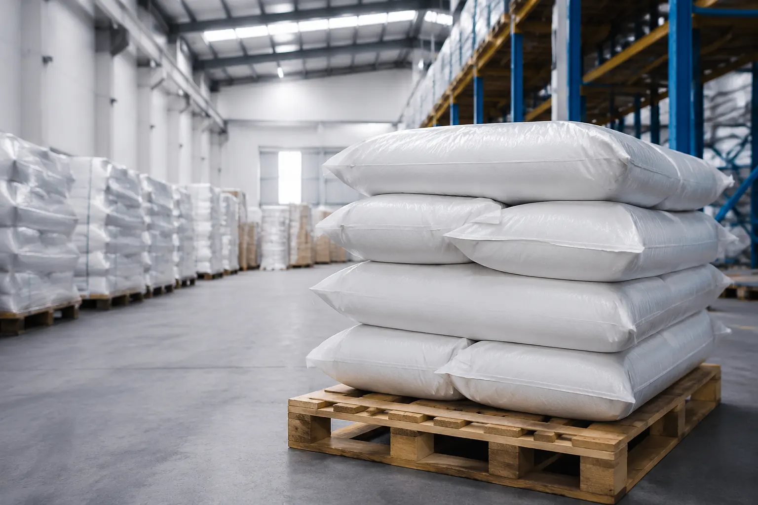 Industrial calcium formate powder or granules displayed in moisture-resistant bags inside a modern warehouse, best size 1200x800 px