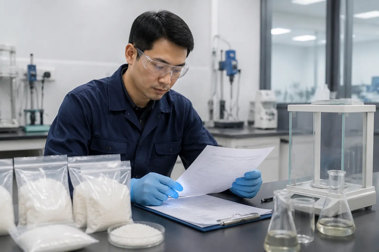 Technician reviewing calcium formate technical documents and sample bags in a quality control lab, best size 1200x800 px