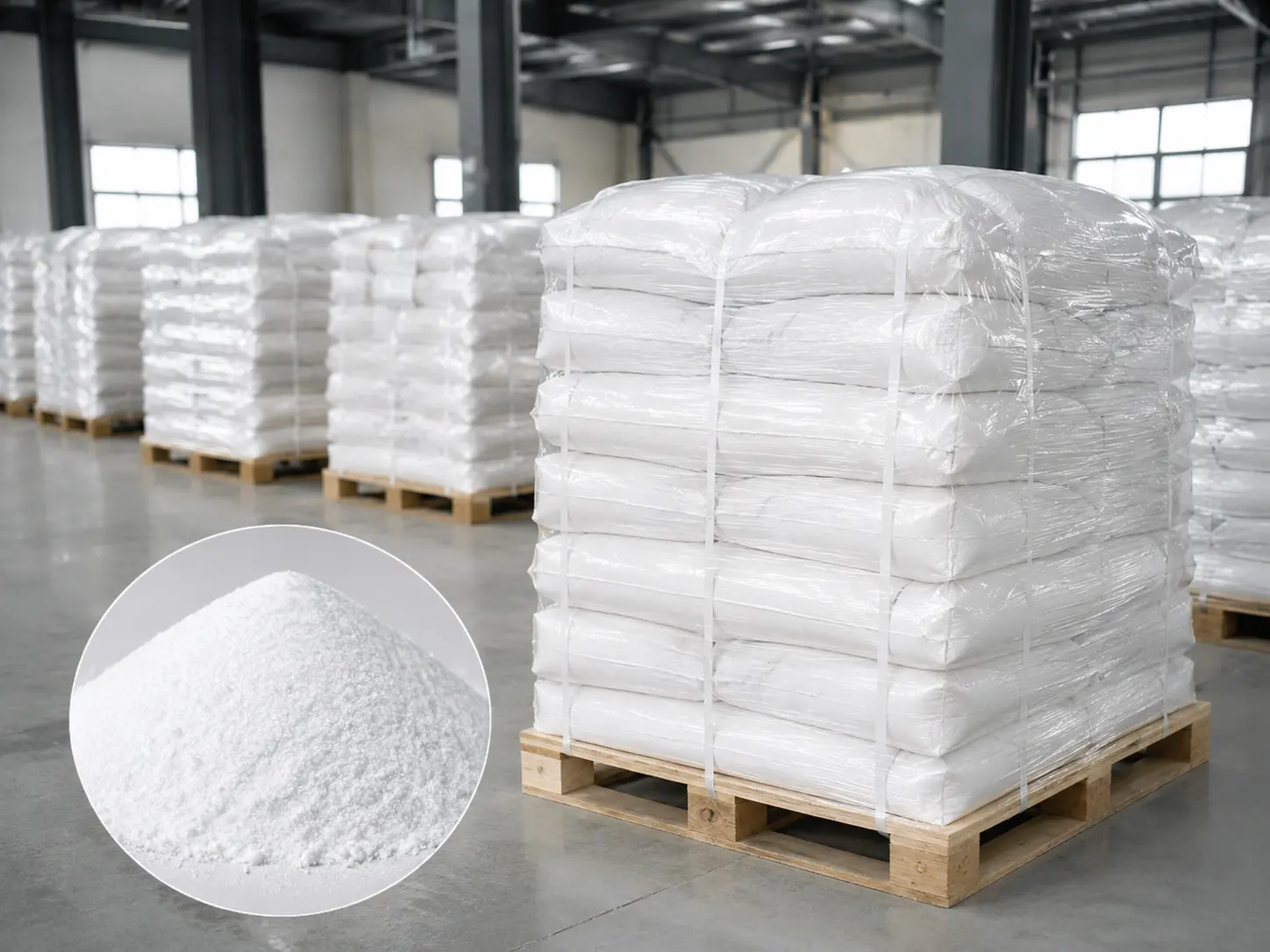 Calcium formate powder packed for export in a clean warehouse