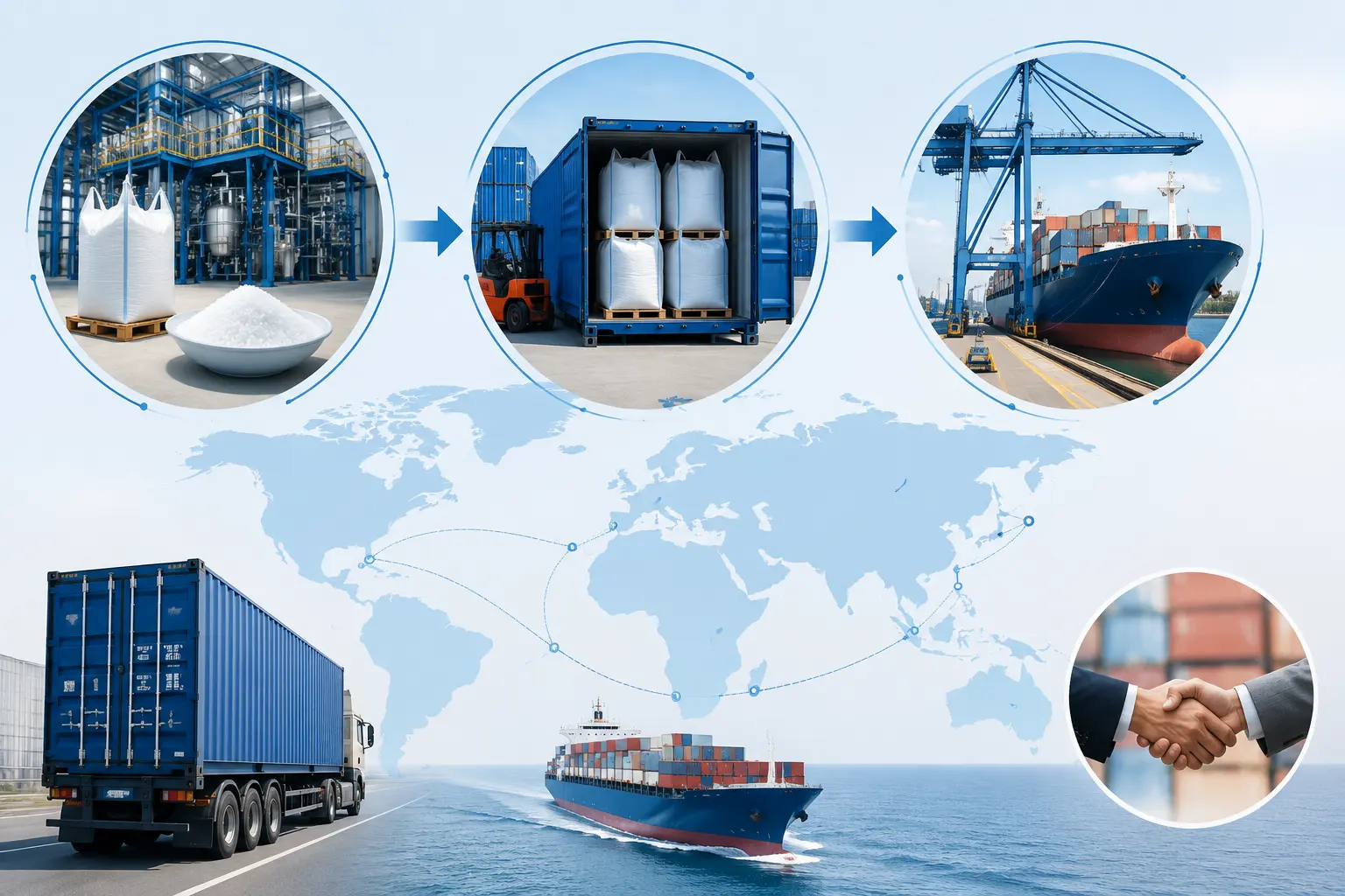 Export flow for calcium formate from factory to port to overseas buyer