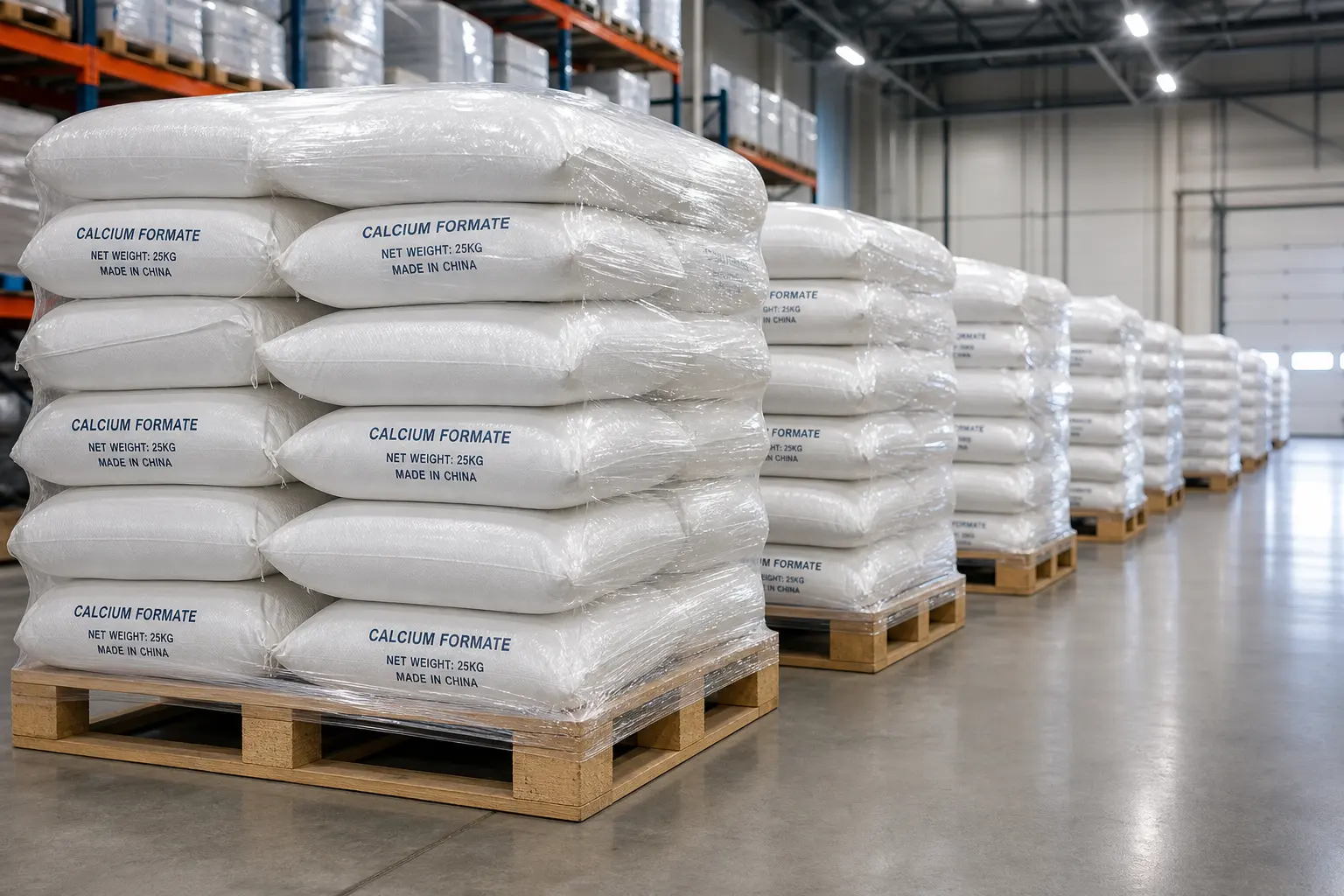 Bulk calcium formate packed in white woven sacks on pallets inside a clean warehouse, with visible labels and shrink wrap; best size 1200x800 px