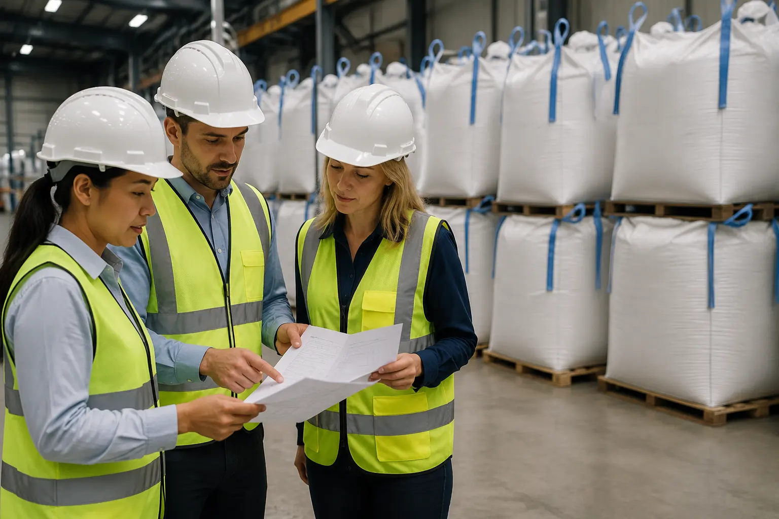 Procurement team reviewing calcium formate specification sheets beside stacked bulk bags in a distribution center; best size 1200x800 px