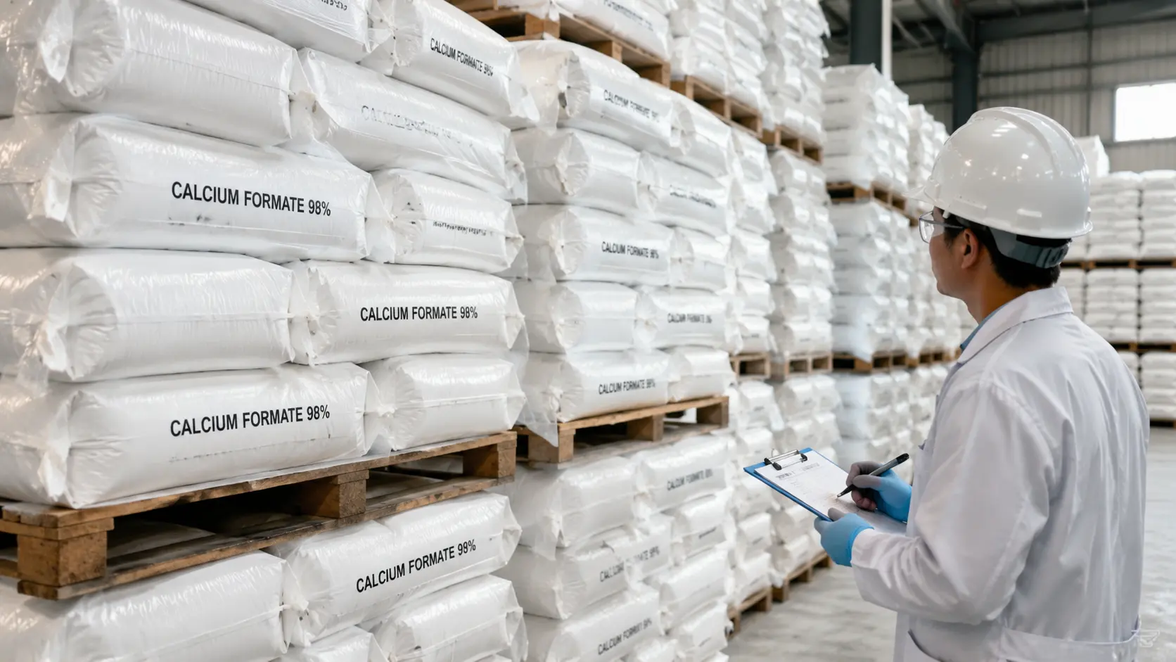 Industrial packaging of calcium formate 98% bags stacked in a warehouse with clear labeling and quality control setting, best size 1600x900