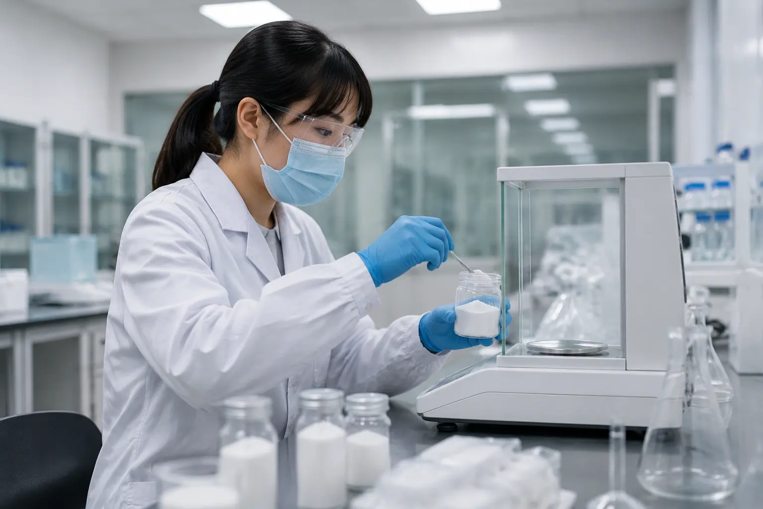 Quality control technician testing calcium formate powder in a modern laboratory, best size 1400x933