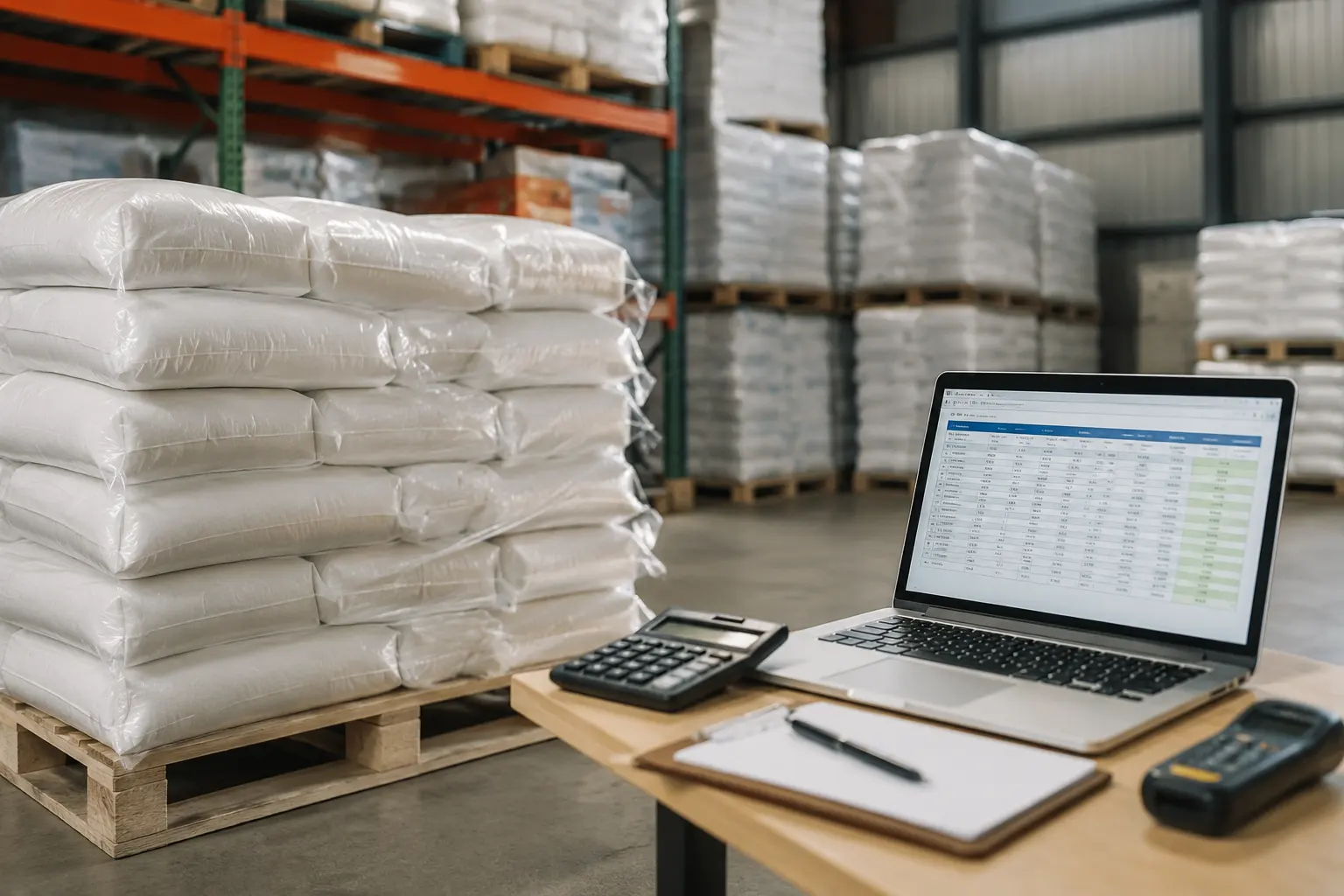 Warehouse scene showing calcium formate bags on pallets next to a laptop with a price comparison sheet; best size 1200x800