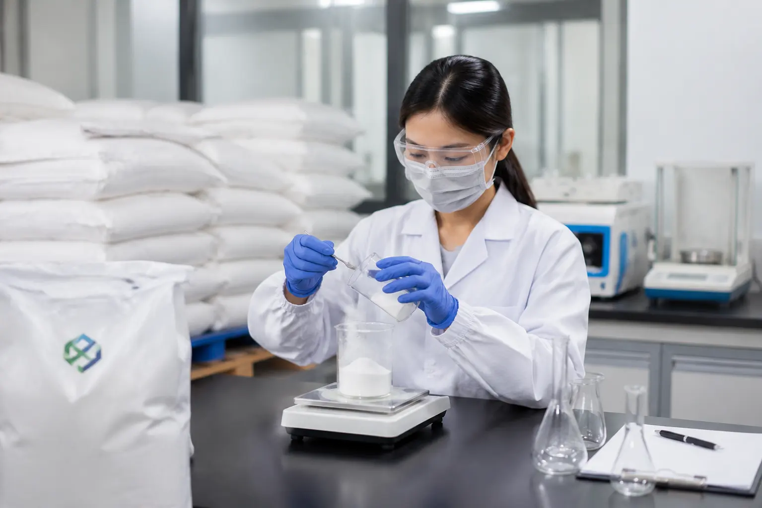 Factory quality control lab testing calcium formate powder with bags and instruments in the background; best size 1200x800