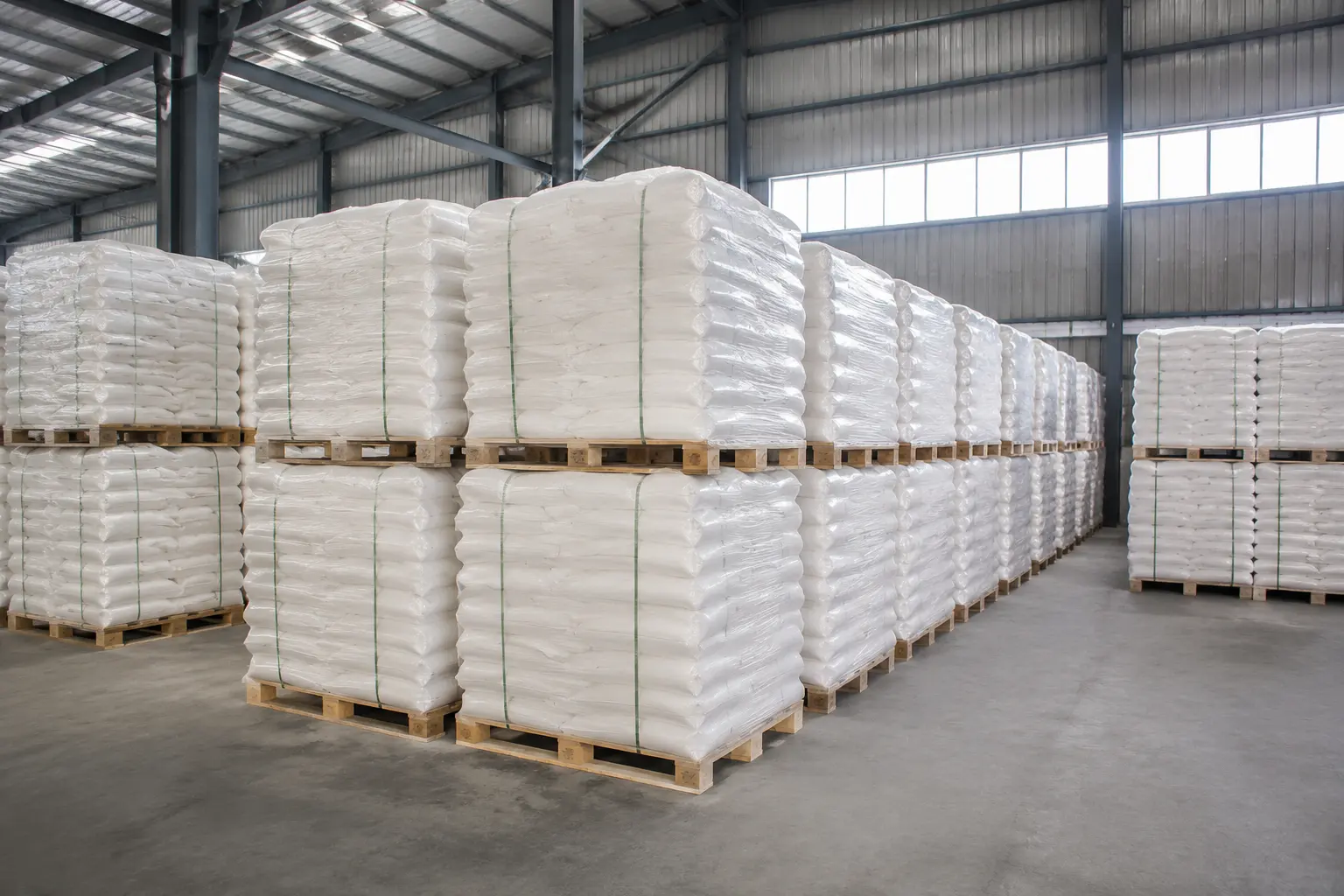 Industrial pallet stacks of calcium formate bags in a clean warehouse, showing bulk packaging and export-ready storage; best size 1200 x 800 px