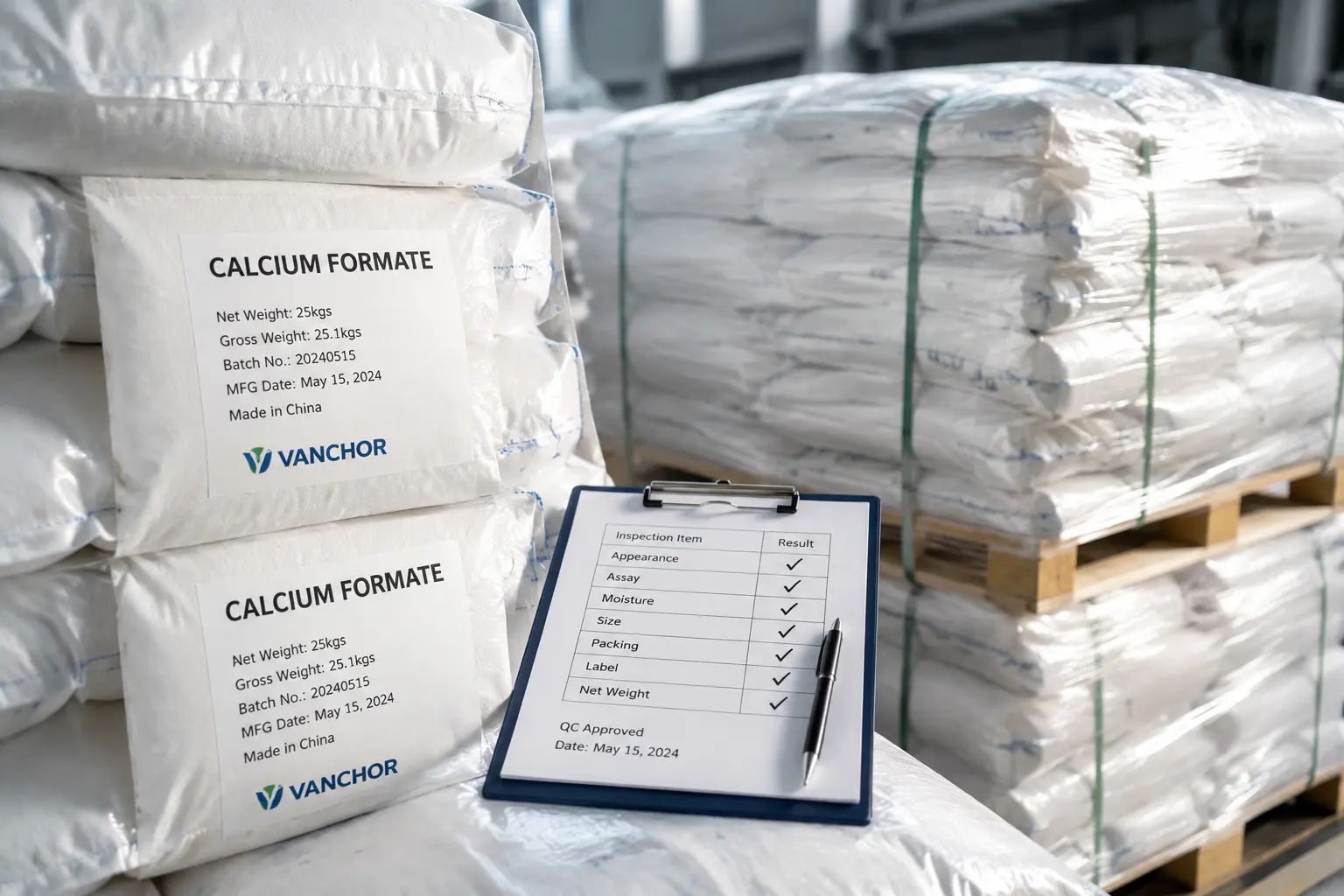 Close-up of labeled calcium formate bags with a quality control checklist, moisture-protected packaging, and a shipping pallet; best size 1200 x 800 px