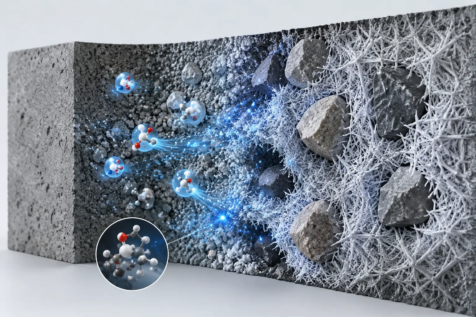 Cross-section illustration of cement hydration with calcium formate accelerating early strength development; best size 1200x800