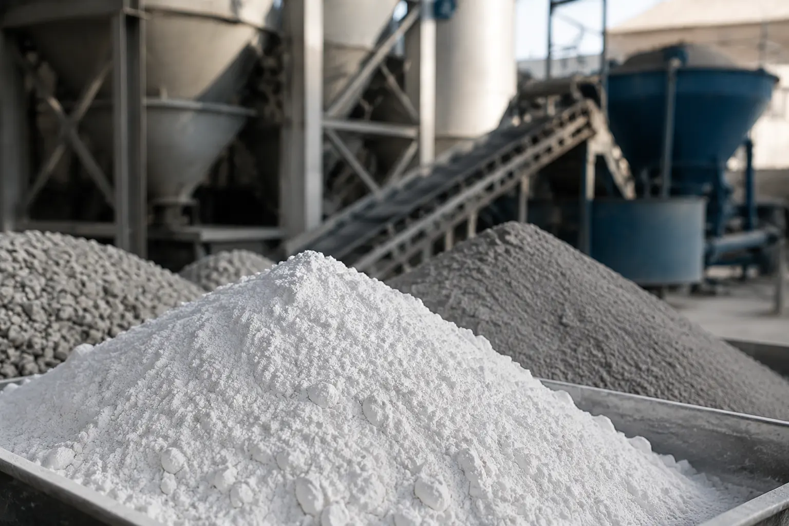 Close-up of calcium formate powder beside cementitious materials and batching equipment